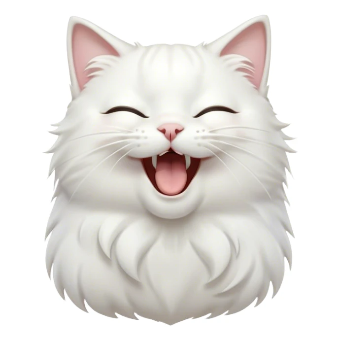 Cinematic Cute Yawning White Cat Portrait Emoji, Head gently tilted with an endearing, wide-open yawn and softly closed eyes, showcasing a pristine white fur with delicate hints of silver, simplified yet irresistibly adorable, highly detailed, glowing with a tender, cozy radiance, high shine, exuding sleepy charm and gentle affection, styled with a soft glowing outline, capturing the essence of a white cat caught mid-yawn, radiating pure, adorable lethargy! sticker