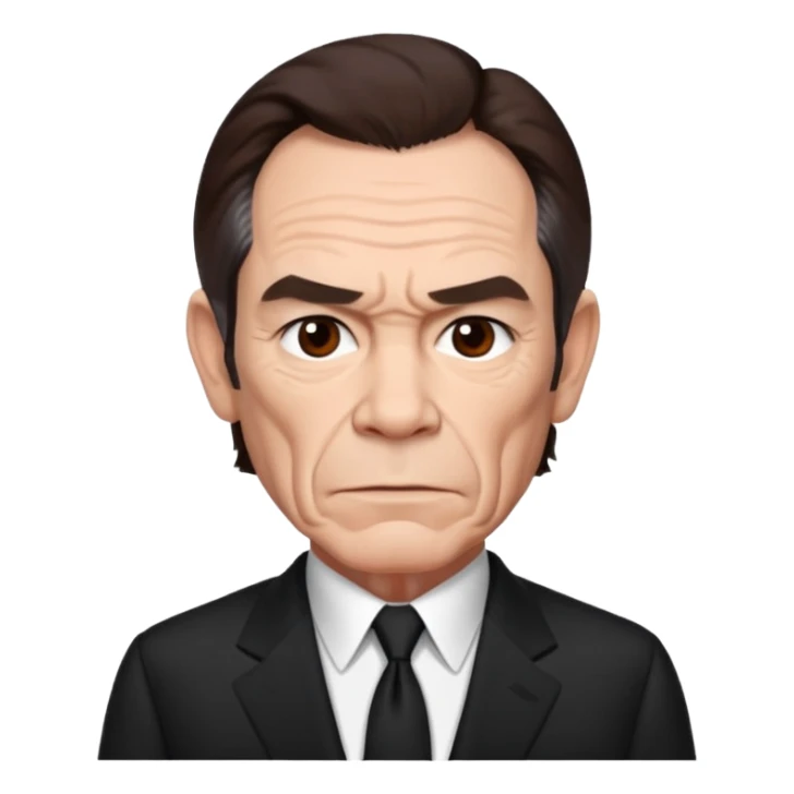 Tommy Lee Jones with dark brown hair, black suit sticker