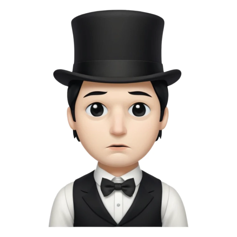 A man with snow white skin, a black half mask with an eye hole, a black top hat, a black vest with a black tie tucked underneath, and a white collared shirt. A frown, and closed eyes. sticker