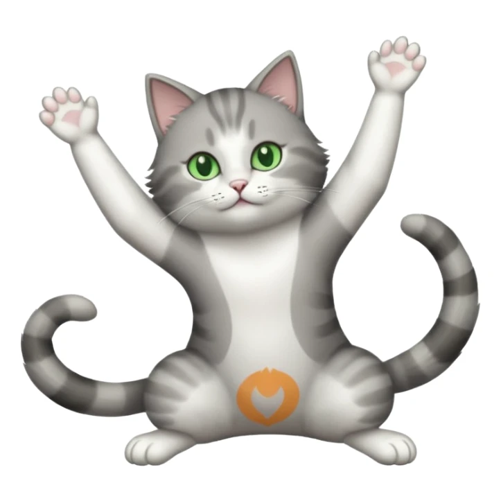 grey and white cat with green eyes doing a big extremely long stretch reaching up into the air with arms and legs side by side together straight and overextended sticker