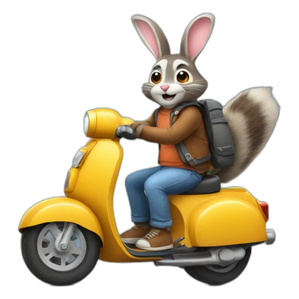 bunny giving a ride to raccoon on scooter sticker