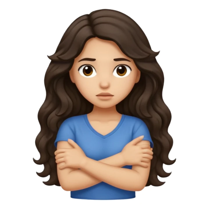 Hispanic light tan girl with long dark wavy hair crossing her arms under arm pit and slightly pouting sticker