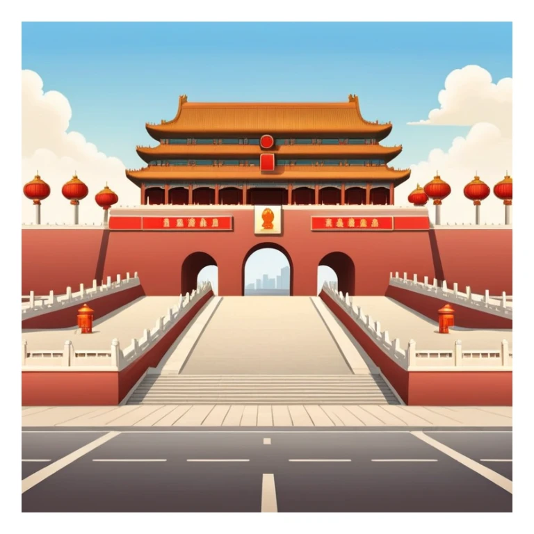 Tiananmen Square in Beijing with traditional Chinese architecture gate, sunny day, travel landmark illustration sticker