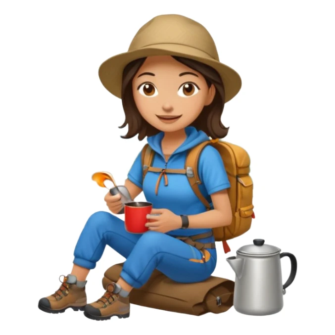 A cheerful female camper brewing coffee in a small metal pot sitting sticker