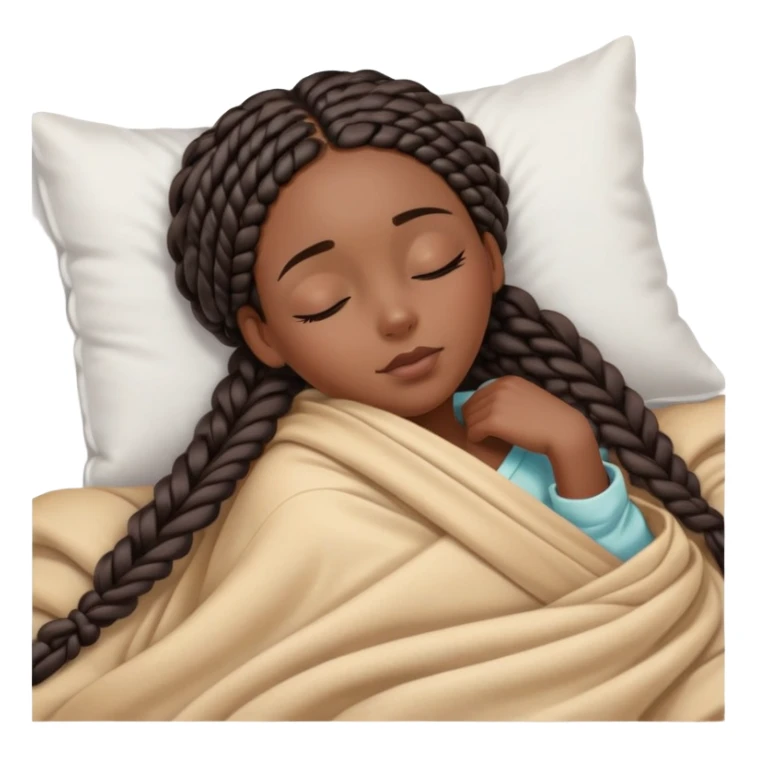 A dark-skinned Black woman with long box braids, lying on her side in bed, wrapped in a blanket, resting on a pillow, eyes closed. sticker