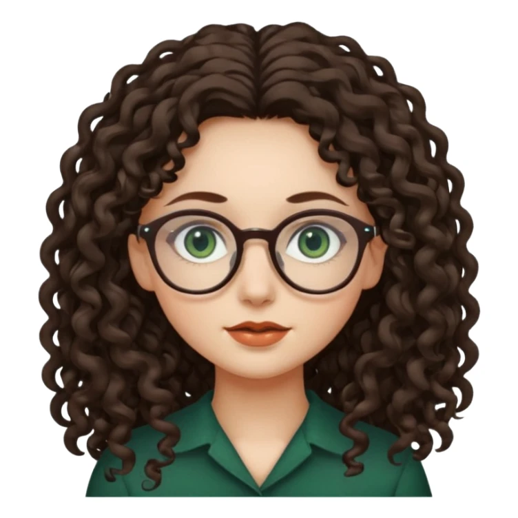 rapariga, olhos verdes escuros, cabelos compridos aos caracóis, com óculos sticker