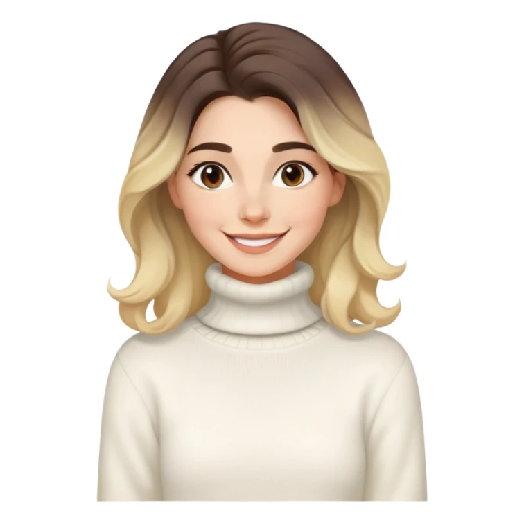 Mujer joven caucasian, cara alargada, cejas suaves, pelo marron oscuro ondulado con puntas rubias, raya al lado. Sonrisa amplia, expresión alegre. Turtle neck white sweater cozy with tea. Ombre hair.  sticker