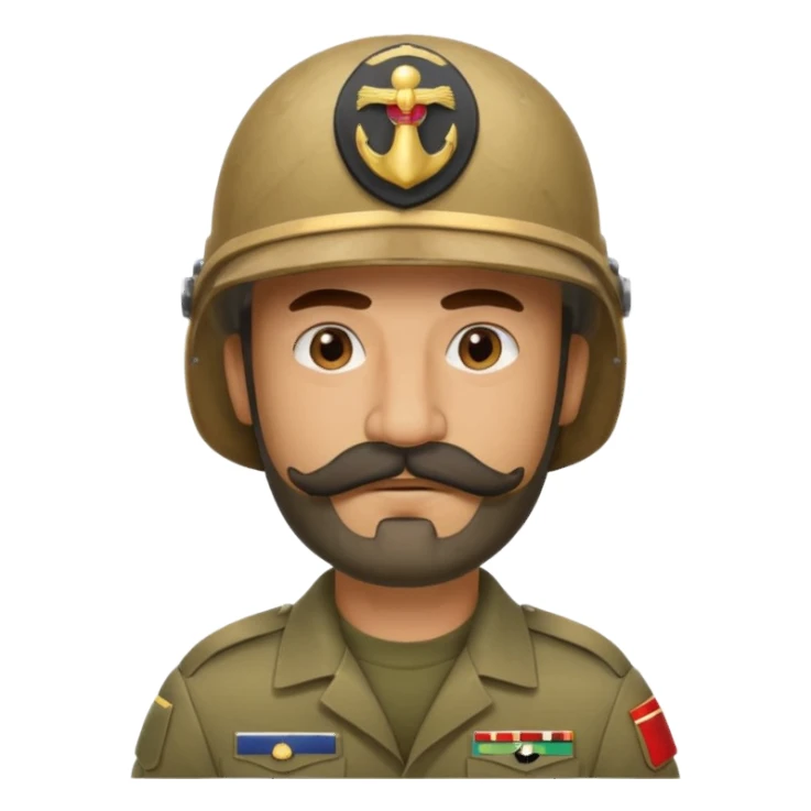 tired Iraqi military, in a helmet, with a moustache and beard sticker