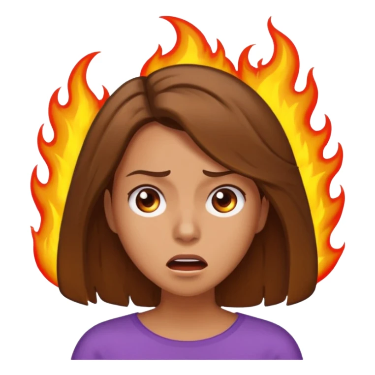 Woman with hair on fire looking stressed and panicked with brown shoulder length hair sticker