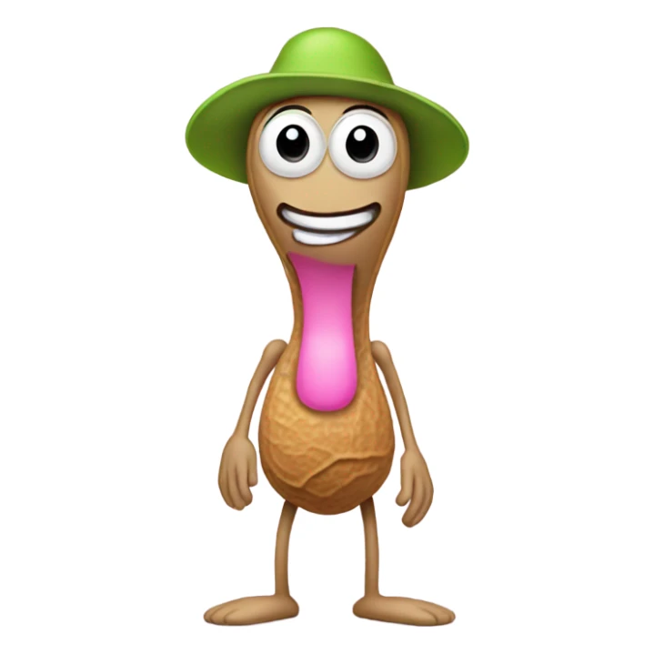 peanut with legs no arms and a pink hat with a light green sticker
