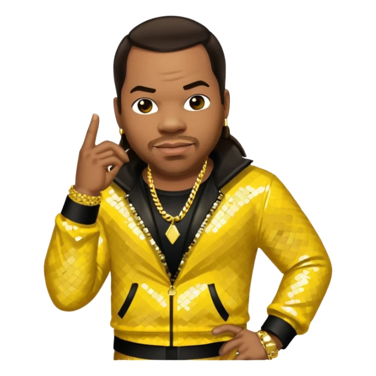 Busta Rhymes with dark brown hair, yellow sequin outfit sticker