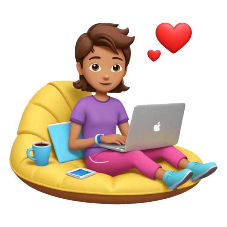 3D clay character relaxed with laptop and coffee, floating icons (envelope, heart, dollar), colofrful outfit, floating icons, white laptop, Pixar style, transparent background sticker