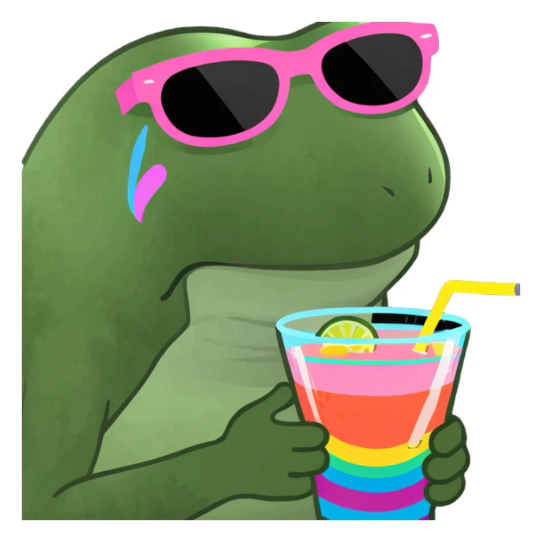 bufo frog with pink sunglasses holding a rainbow cocktail sticker