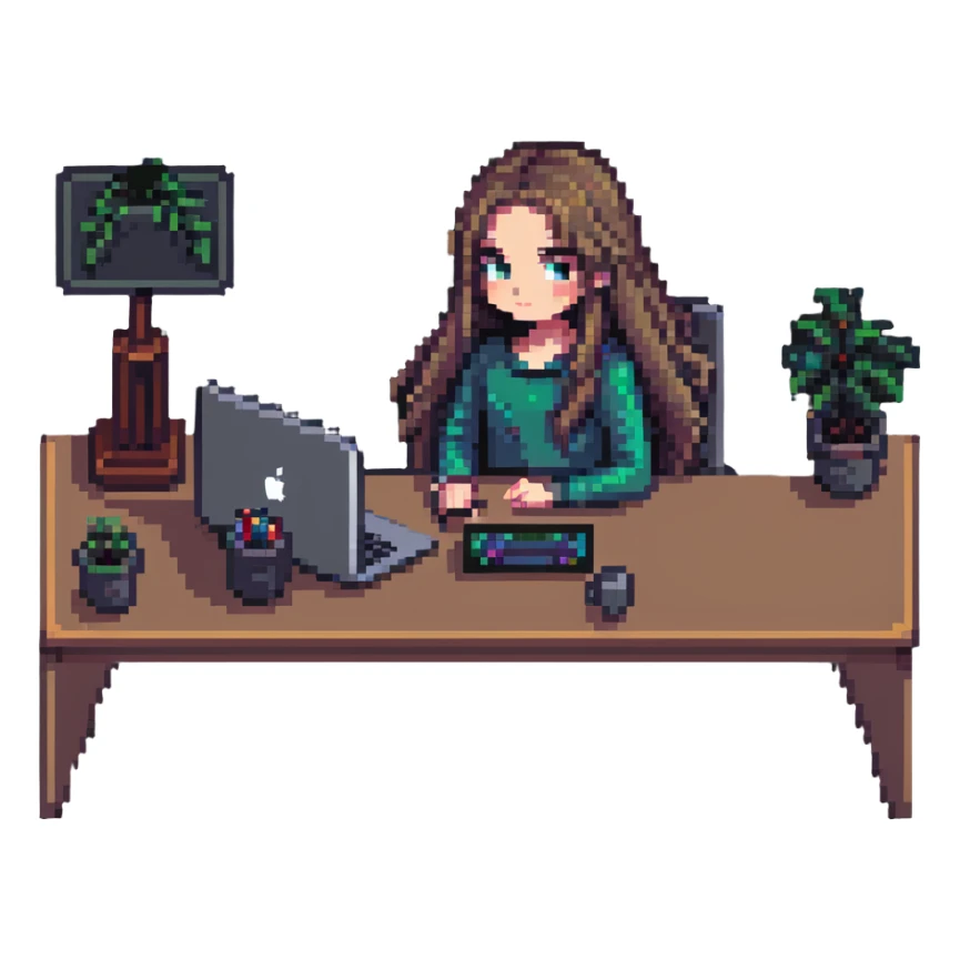 girl with long hair, only eyes visible above MacBook, working at a desk, pixel art style sticker