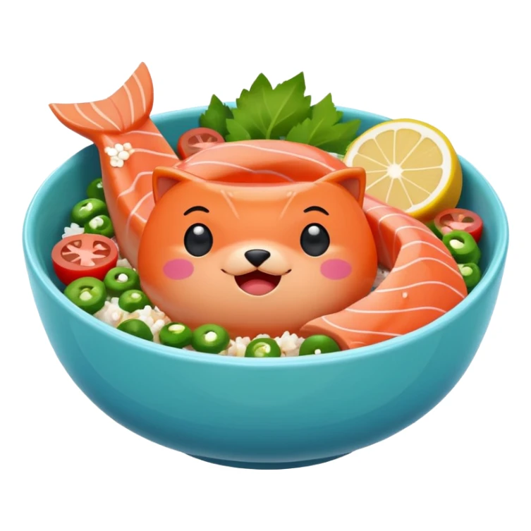 salmon poke bowl with cute expression on bowl, bright and vivid colors, simple background, iPhone emoji style sticker