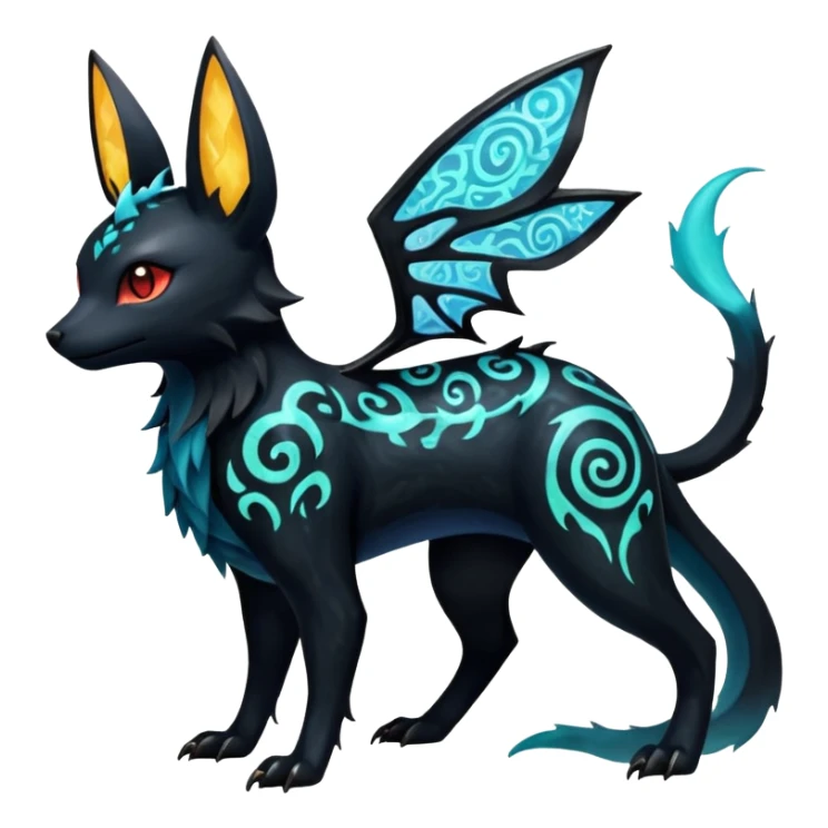 Shiny Fiery Dark Glowing Eldritch Horror Cool Edgy Badass Emo Glorious Demonic Batty Punky Aural Iridescent Fluorescent Bioluminescent Umbreon-Amaura-Salandit-Litten-Flareon-Fakémon-fusion (full body) with intricate pattern markings sticker