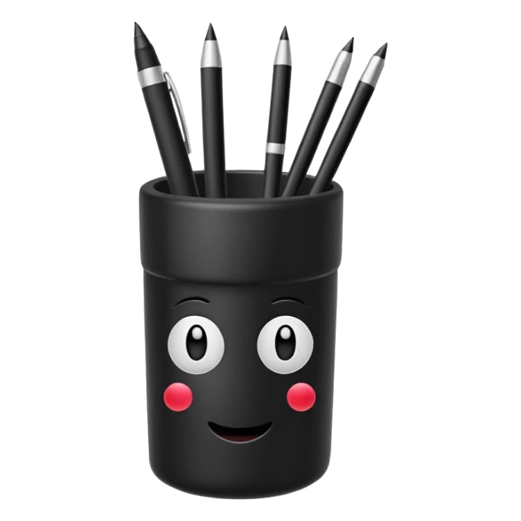 black pen holder cup with several black pens inside, emoji style sticker