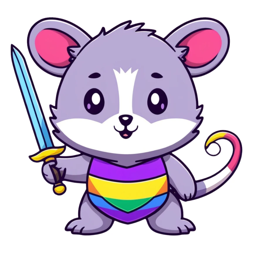 A cute pastel colored possum warrior holding a gleaming sword, with rainbow fur, sparkly eyes, and colorful stars around sticker