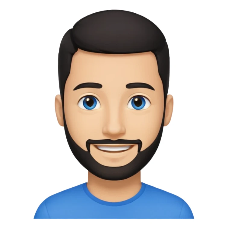 Man 30, black short hair, blue eyes and black short bears, on earpiece sticker