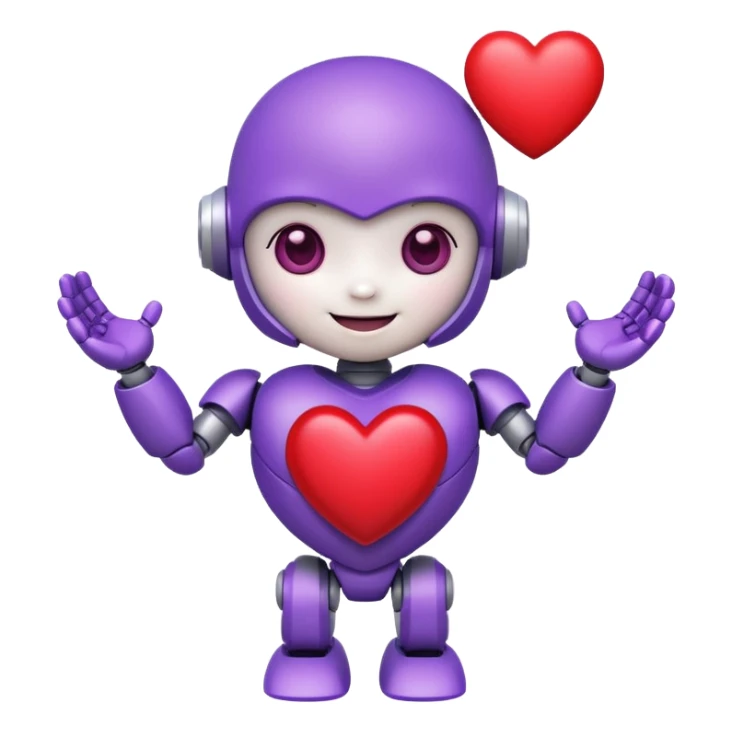 cute baby robot, white and purple, holding a heart, cheerful sticker