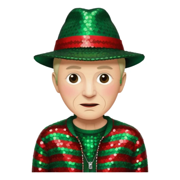 Freddy Krueger with red and green stripe sequin sweater, dark brown sequin jacket and hat sticker
