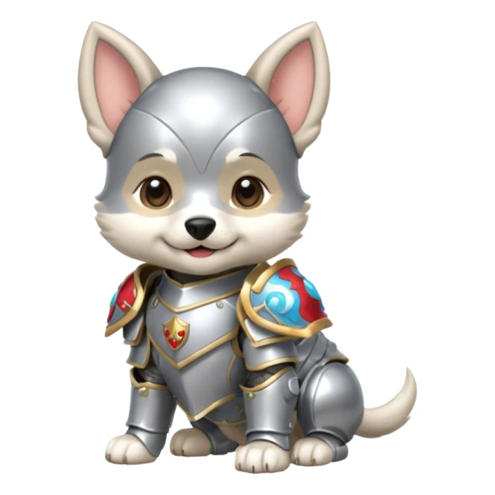baby chibi dog in silver armor, full body, smile sticker