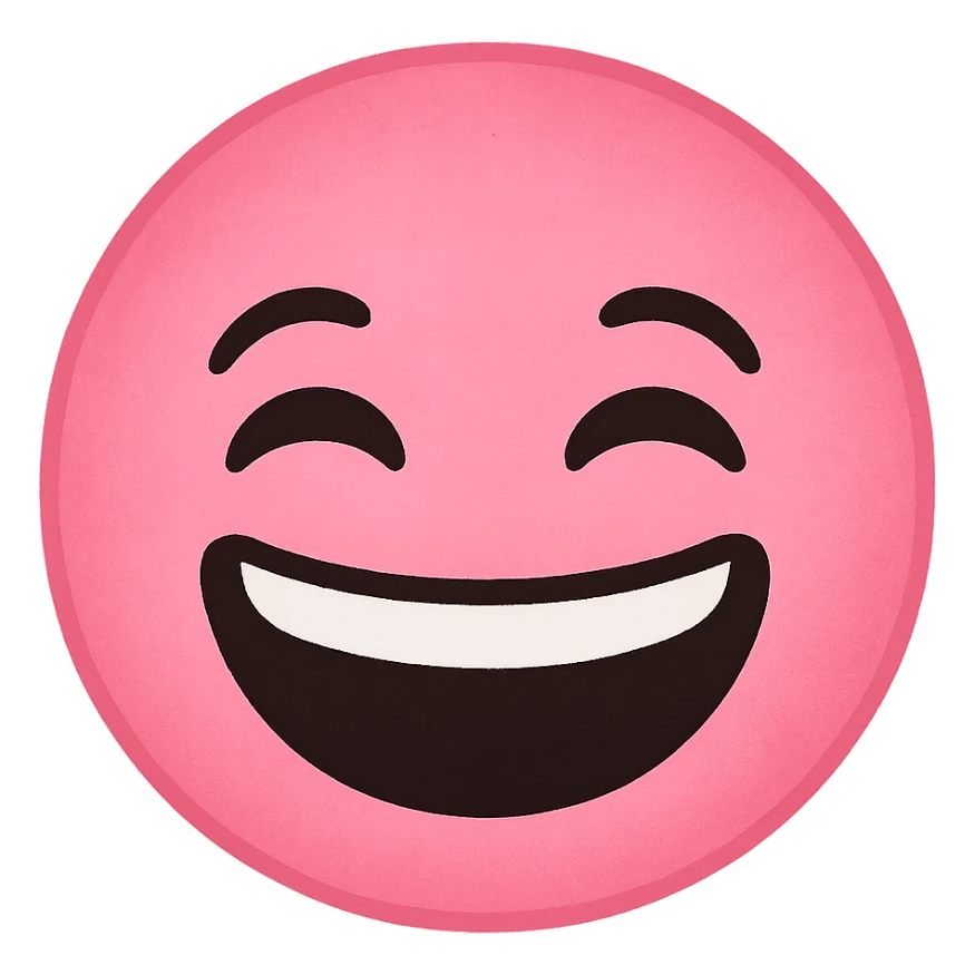 a pink laughing face emoji, big smile, closed eyes, joyful sticker