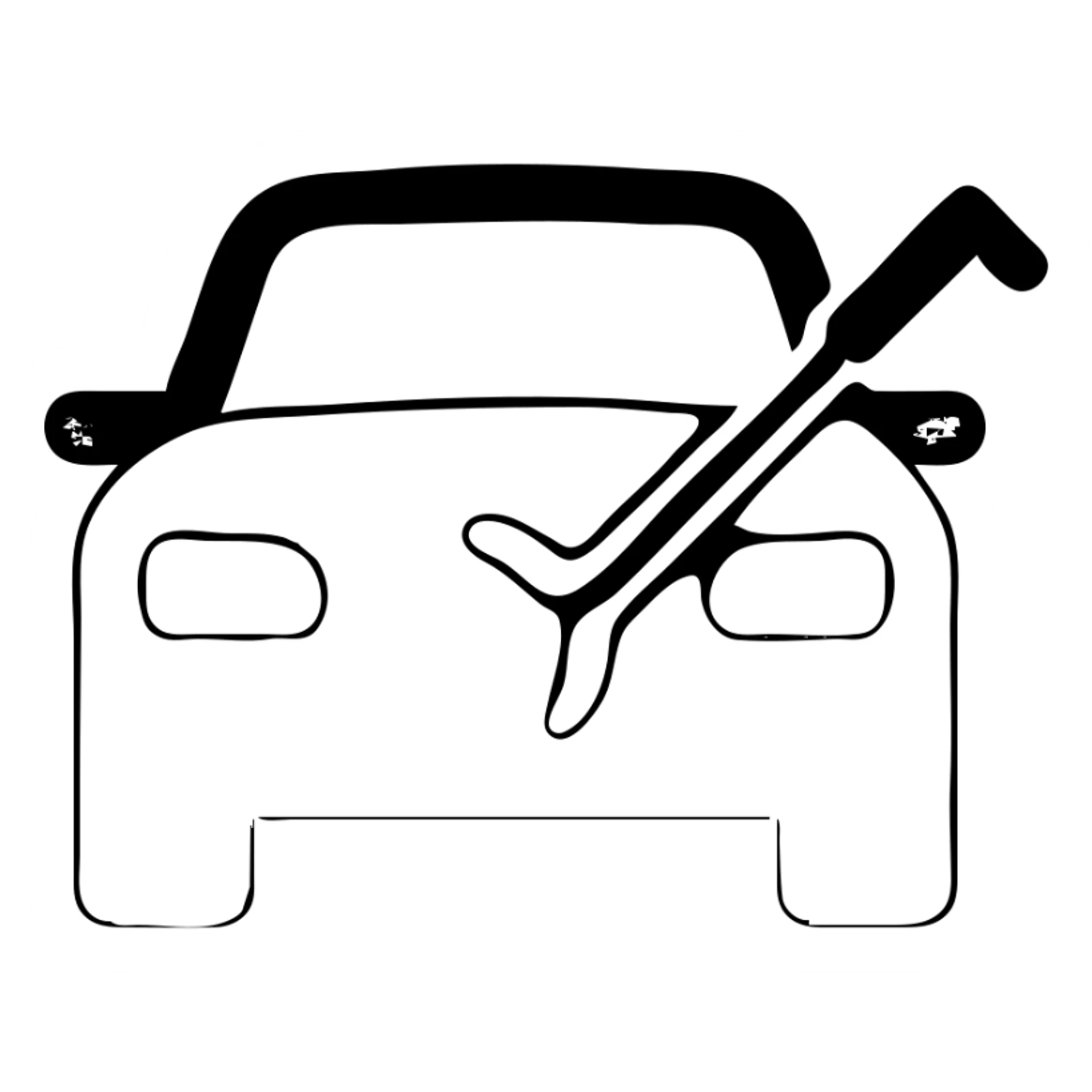minimalist matte black car icon with a visible dent and a subtle rod or hook tool touching the dent, fine silver lines for contrast, focus on dent repair sticker