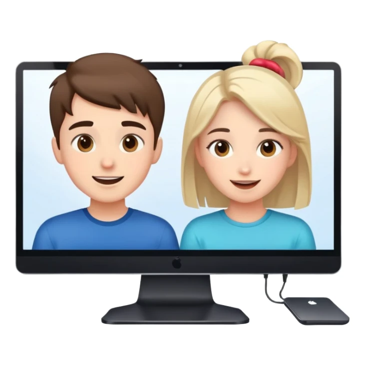 boy and girl on a video call, computer screens with faces, happy conversation sticker