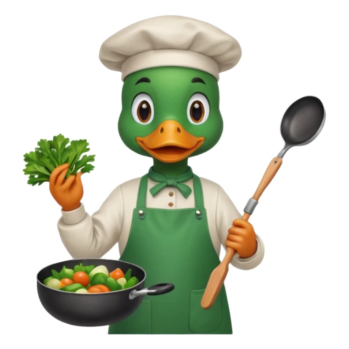 A duck holding a frying pan with vegetables, wearing green apron sticker