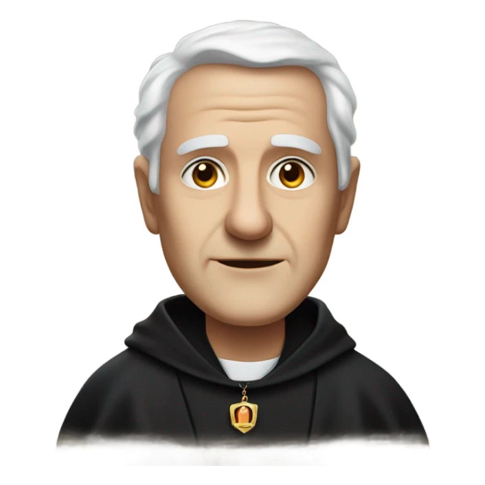 "An middle aged man with thinning white hair, a weathered face, and a solemn expression. He wears a black robe with a clerical collar and holds a Bible or rosary, standing in a modest church." sticker