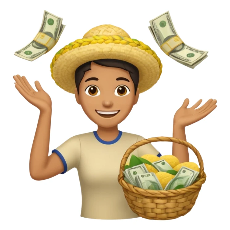 baskets, some overflowing with money, others with colombian arepas in the background a very happy person ridiculously throwing money around sticker