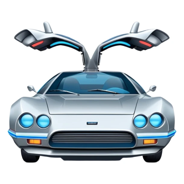 Retro-futuristic hover car inspired by the DeLorean, gullwing doors, silver metallic body with blue-tinted windows, stylized jet boosters in the back, flat vector style, outlined shapes, minimal design sticker