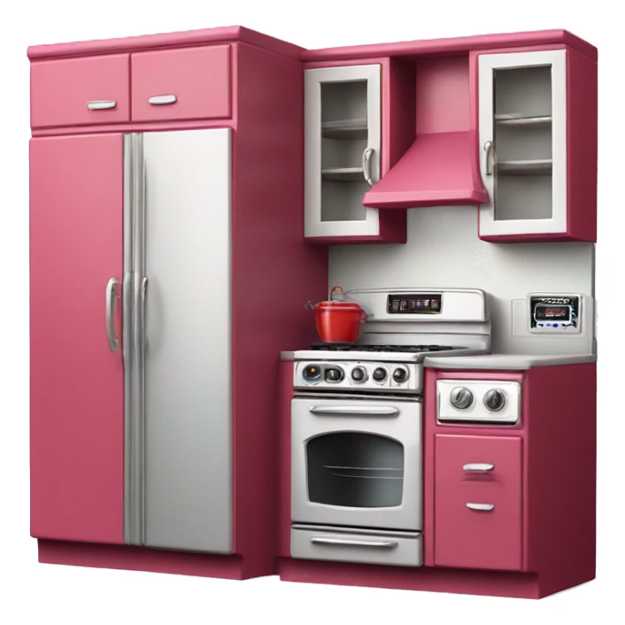Isolated full length Realistic raspberry vintage retro kitchen range with cabinets and counters. sticker