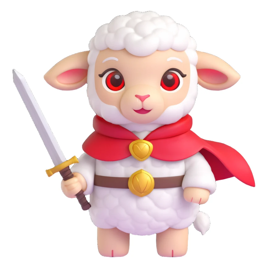 cute cartoon lamb with white wool, gray face, red glowing eyes, small horns, wearing a red cape with a yellow bell, holding a large sword sticker