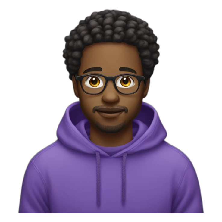 Black Young man and glasses and little beard mustache working in digital space with locs and purple sweatshirt sticker