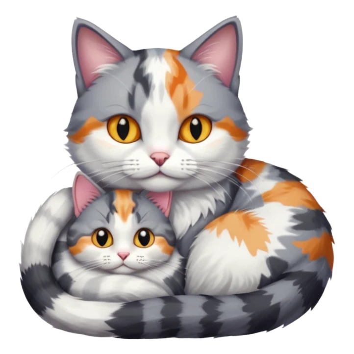grey and white cat cuddling a colourful light patched calico + white tabby cat sticker