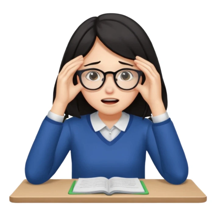 A dark-haired student panics during an exam, covering her face with her hands and not knowing what to do. sticker