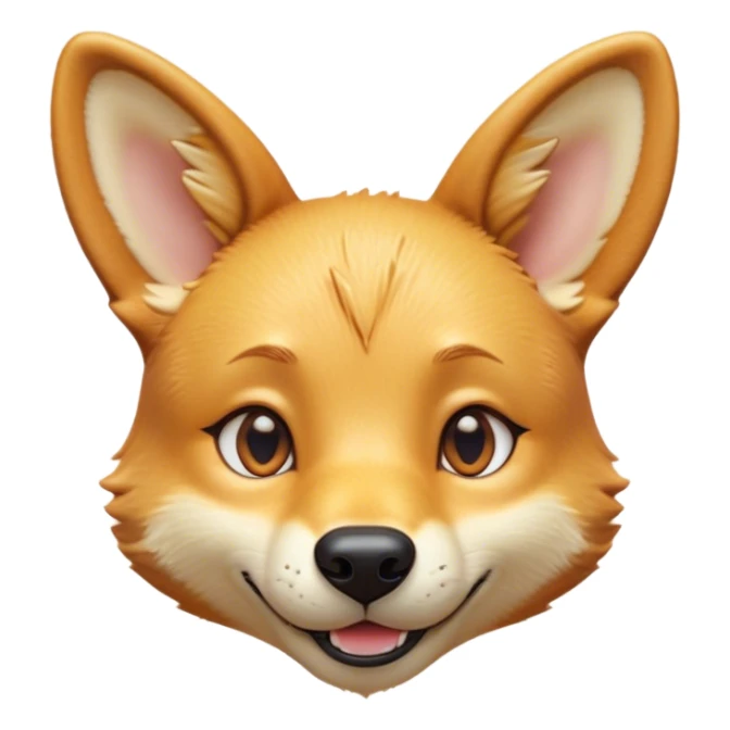 Cinematic Cute Dingo Portrait Emoji, Head tilted playfully and inquisitively, featuring a glossy sandy fur with naturally perky ears and round, sparkling amber eyes filled with curious mischief, Simplified yet irresistibly adorable features, highly detailed, glowing with a warm, friendly glow, high shine, affectionate and spirited, stylized with a touch of outback whimsy, bright and endearing, soft glowing outline, capturing the essence of a mischievous yet loving dingo, so playful it feels like it could bound out of the screen into your arms! sticker