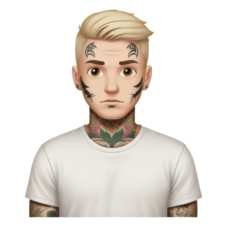 white man with face tattoo, neutral expression, wearing a white t-shirt sticker