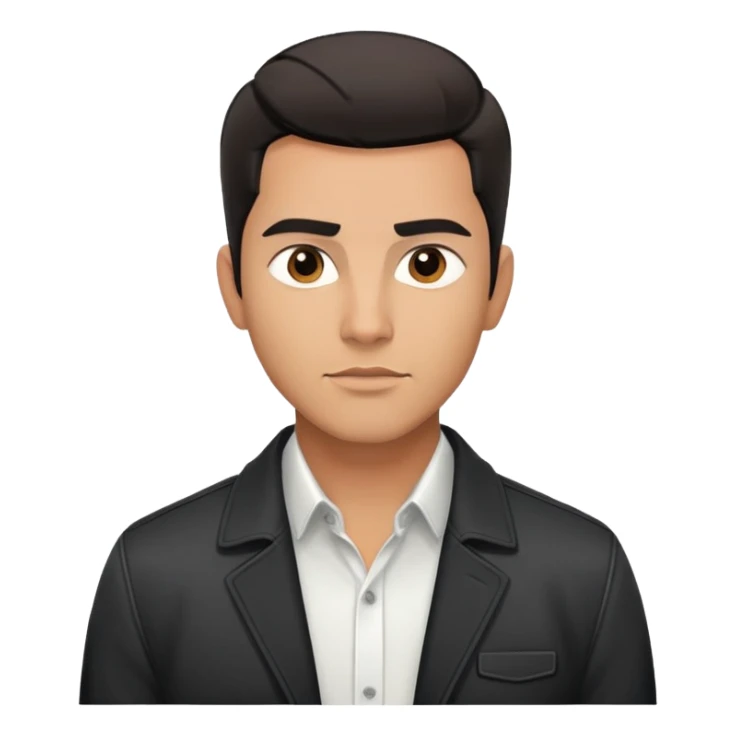 Handsome athletic Hispanic man with tan complexion, short black straight hair combed back with faded sides, square masculine face with defined jawline, neutral-friendly TV presenter expression, black jacket and white button-up shirt sticker