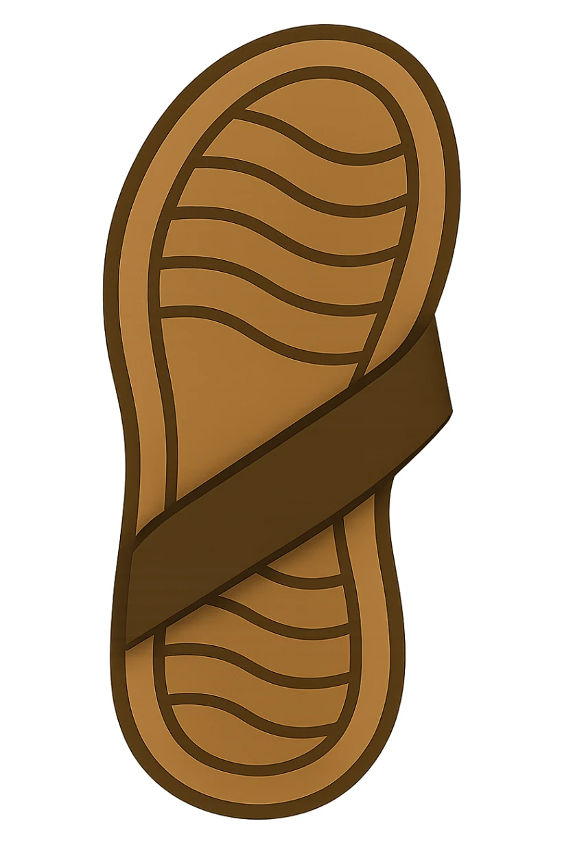 Create an emoji style sandal sole with minimal detail, matching the reference image, with a single strap visible from the bottom. The style should reflect the look of apple style emojis with simple and clean design. sticker