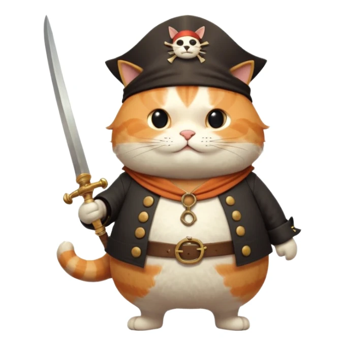 Anthropomorphic, cute fat cat pirate, dynamic, Q version proportions, form by Jon Klassen and Nicola Kinnea full body, rich details 8k, isolated on white background sticker