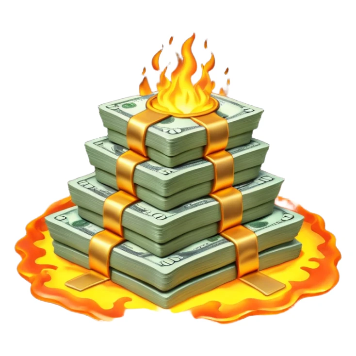 Transform the stack of money into lava money: make the bills appear to be melting and turning into glowing, molten lava with realistic textures and dramatic lighting. Keep the background transparent. The style should reflect a realistic molten lava effect with glowing and melting details. sticker