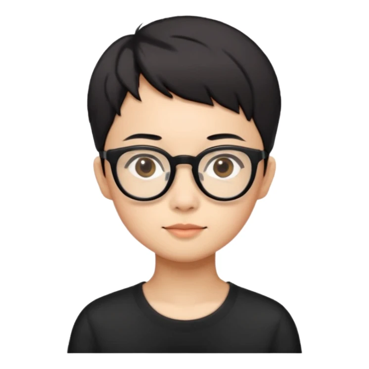 singapore chinese, black very short hair, wear black frame glasses, relatively thin, pokey face sticker