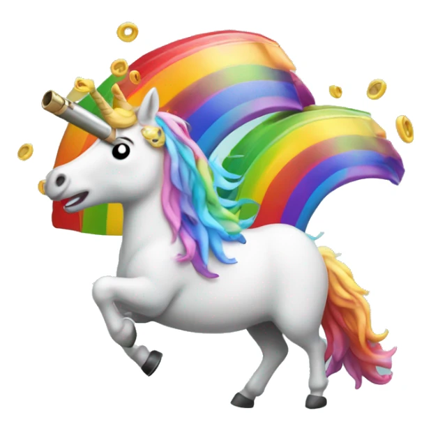 unicorn with a shotgun barrel as a horn throwing up a rainbow sticker
