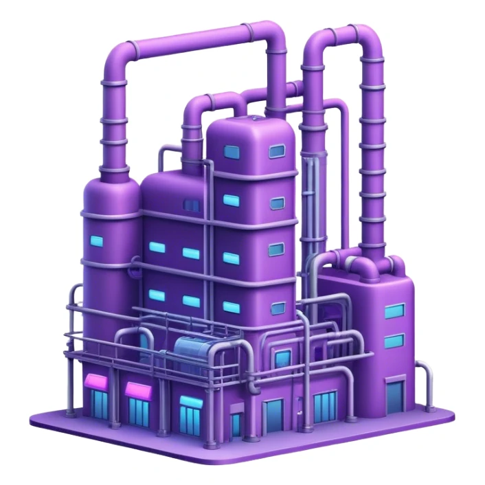 AI-powered factory. It should be a building with pipes. Add light violet neon glowing symbolizing power of AI sticker