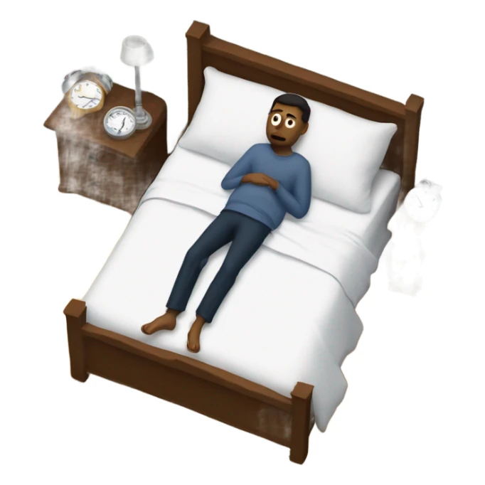 A man in his bed seeing a black figure and his phone reads 12:30 am sticker