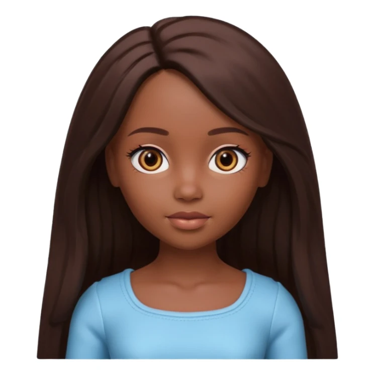 Boneca digital em estilo 3D realista e fofo, semelhante a uma boneca colecionável. Mulher jovem com pele negra, olhos castanhos escuros, cabelo liso cor chocolate, longo e bem alinhado.  sticker