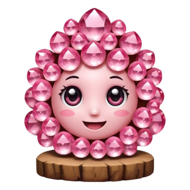 A single cute pink crystal cluster character, chunky round base with many tall rose-pink crystal quartz cluster imperfect, on the front of the base a kawaii face with big shiny eyes and a happy open smile very shiny sticker